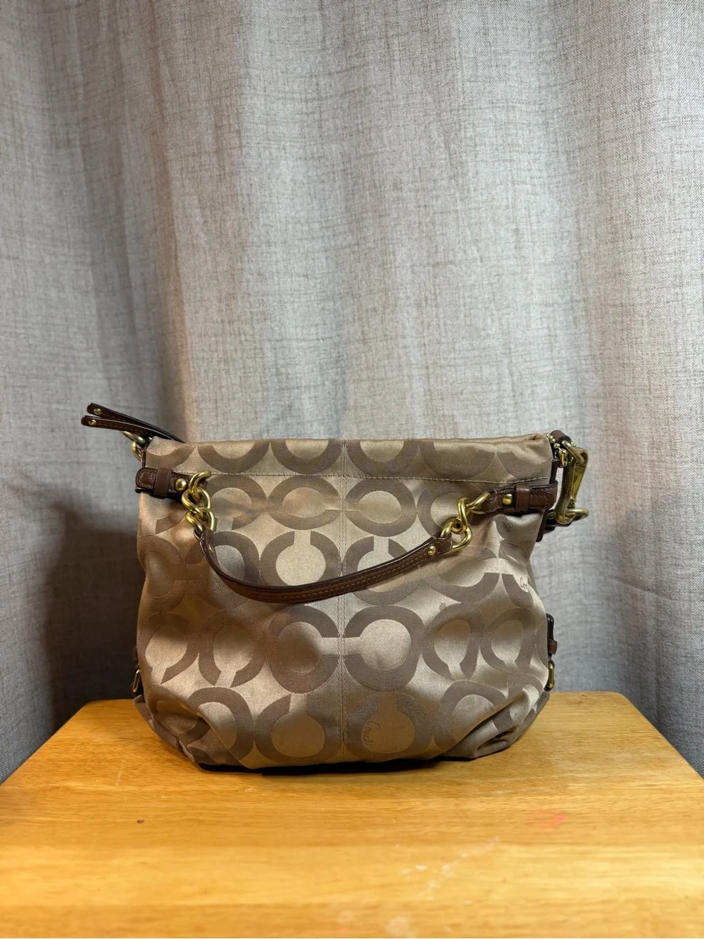 Coach Brown Khaki Signature Shoulder Bag with Leather Trim